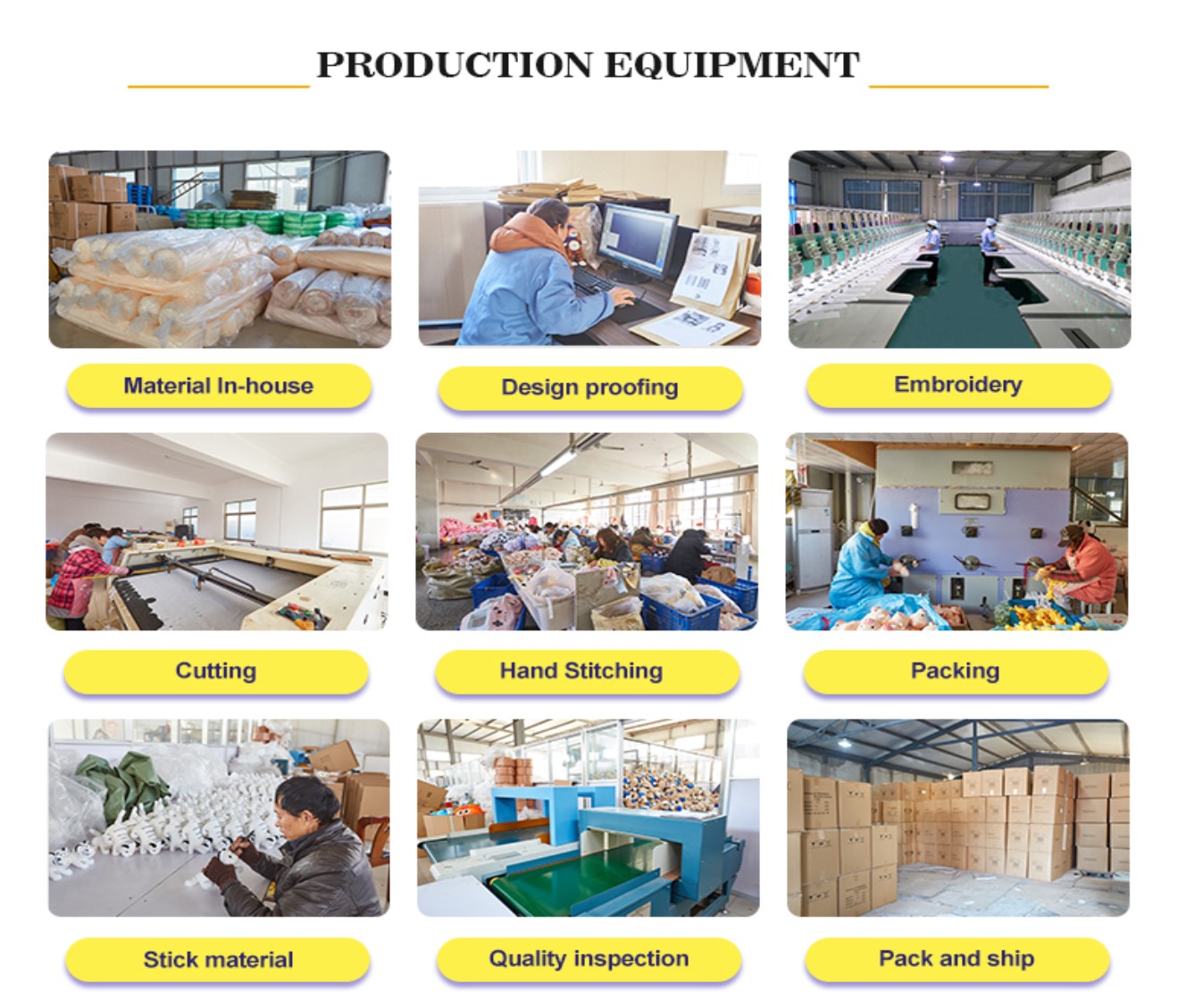 Transocean Group production line overview: material in-house, design proofing, embroidery, cutting, hand stitching, quality inspection and packing